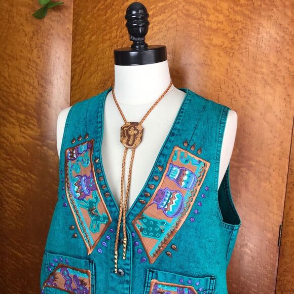 VINTAGE 80’s Acid Wash Southwestern Denim Vest S - Picture 13 of 14